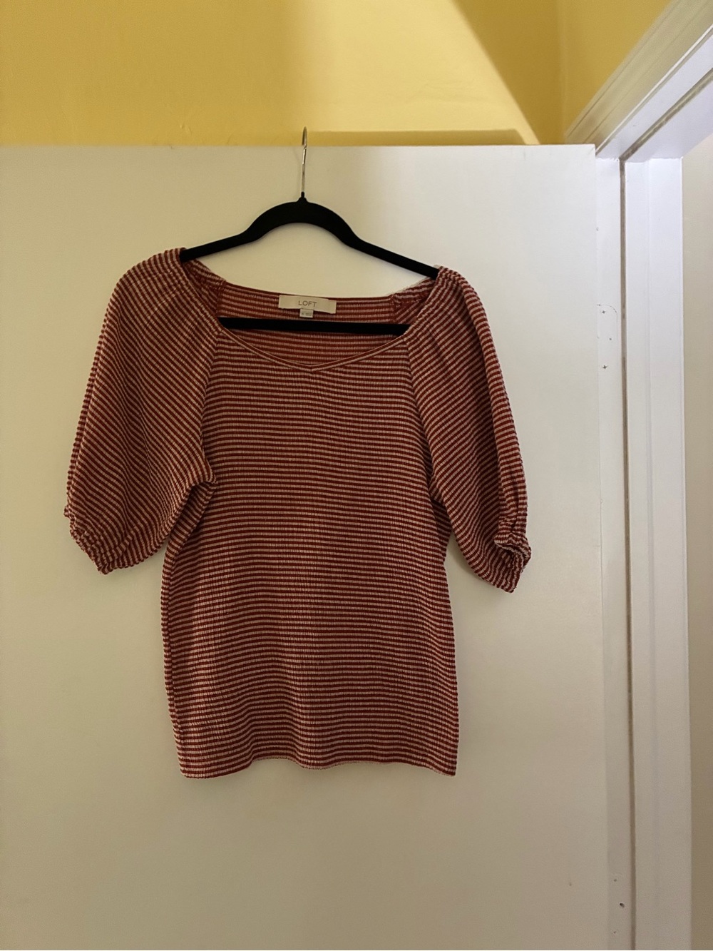 LOFT Rust and White Striped Puff-Sleeve Knit Top